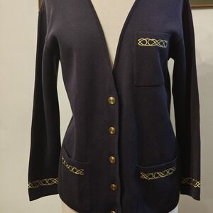Talbots Nautical Gold Embroidered Navy Bell Sleeved Cardigan Size Med Vintage